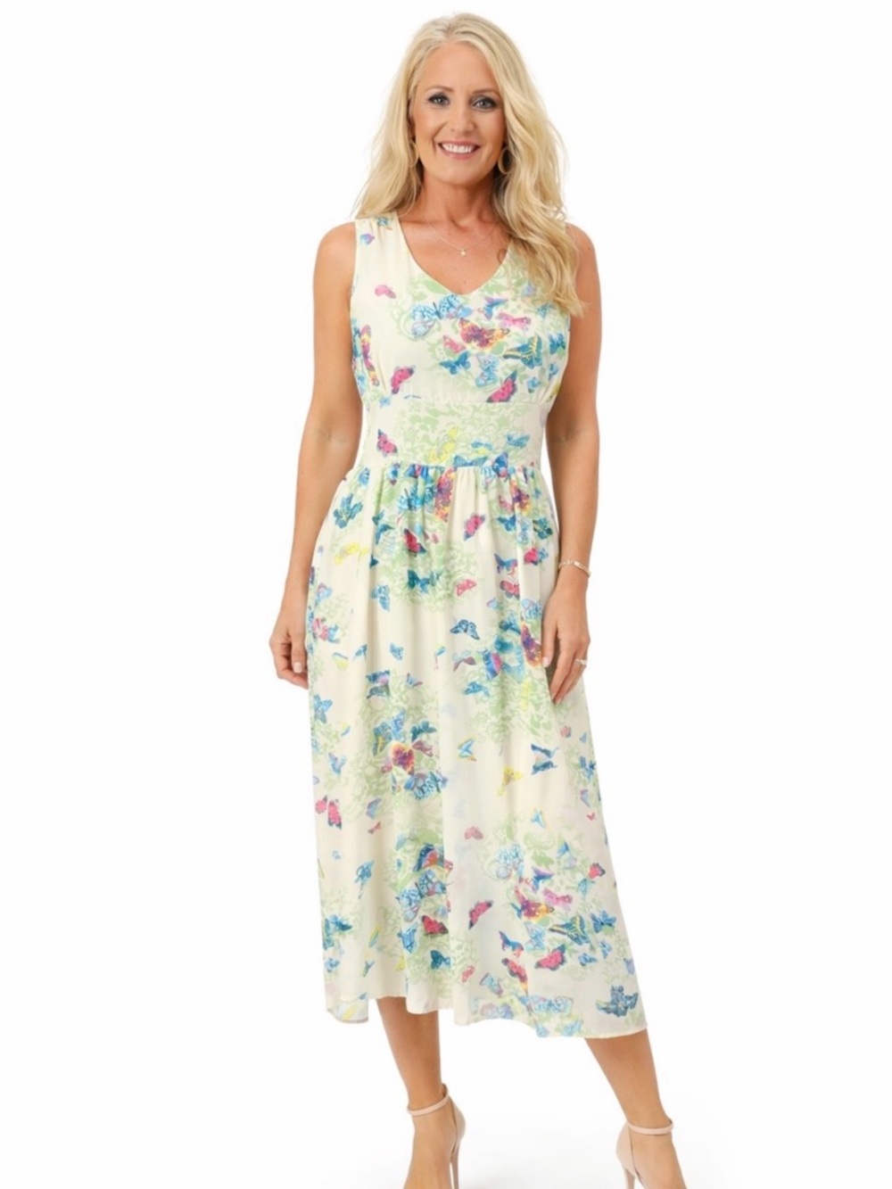 Style & Co. Cream Floral Butterfly V-Neck Midi Dress Size Medium